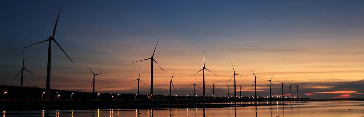 Project Listing graphic - row of wind turbines near water at sunset